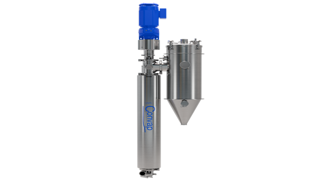 Convap stainless steel industrial unit with blue motor, valves, and connectors, used in processing or manufacturing