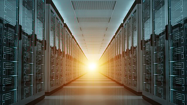 Dark server room data center storage interior